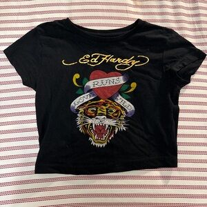 Ed Hardy Black Tee with Heart and Tiger Graphic